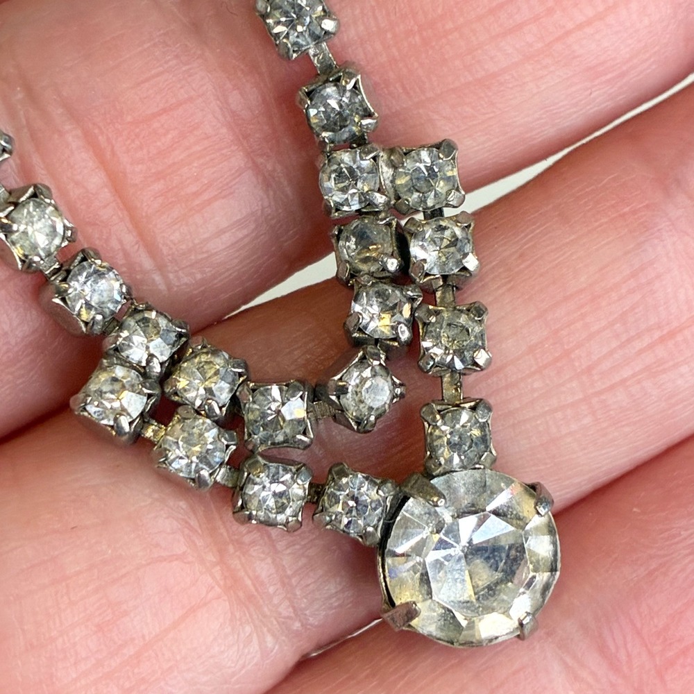 Vintage Rhinestone Necklace Choker Silver Tone Crystal Art Deco Style 14.5"